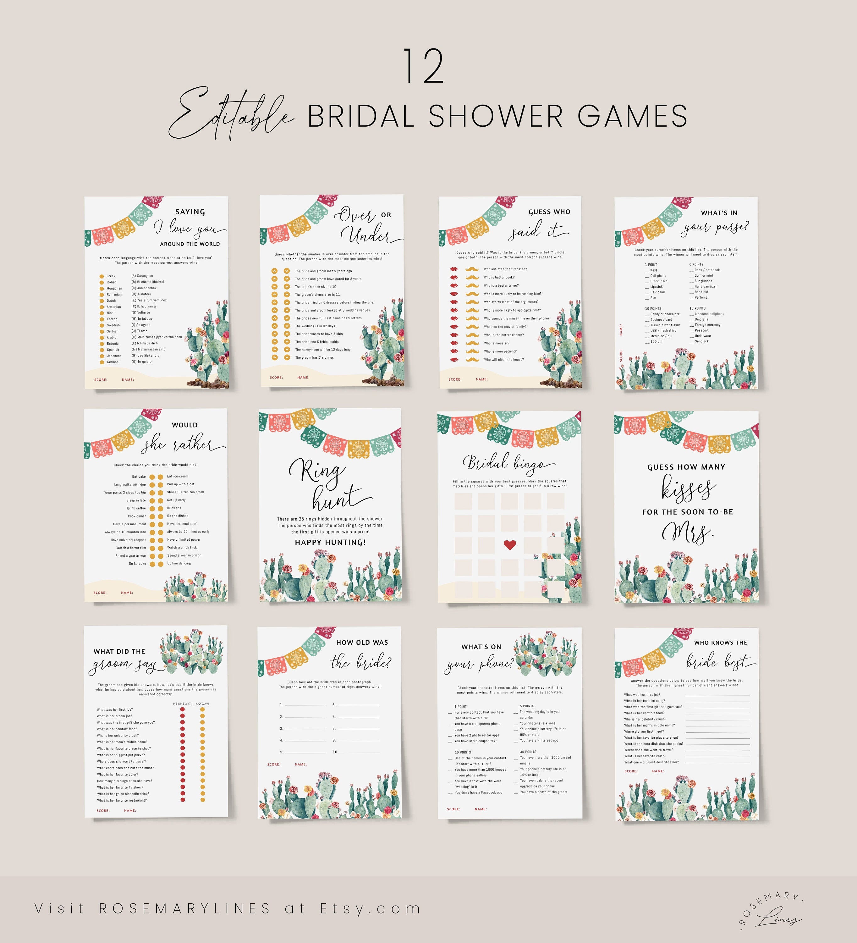 Fiesta bridal shower games bundle, cactus bridal shower games template, Mexican editable bridal games, desert colorful floral #144