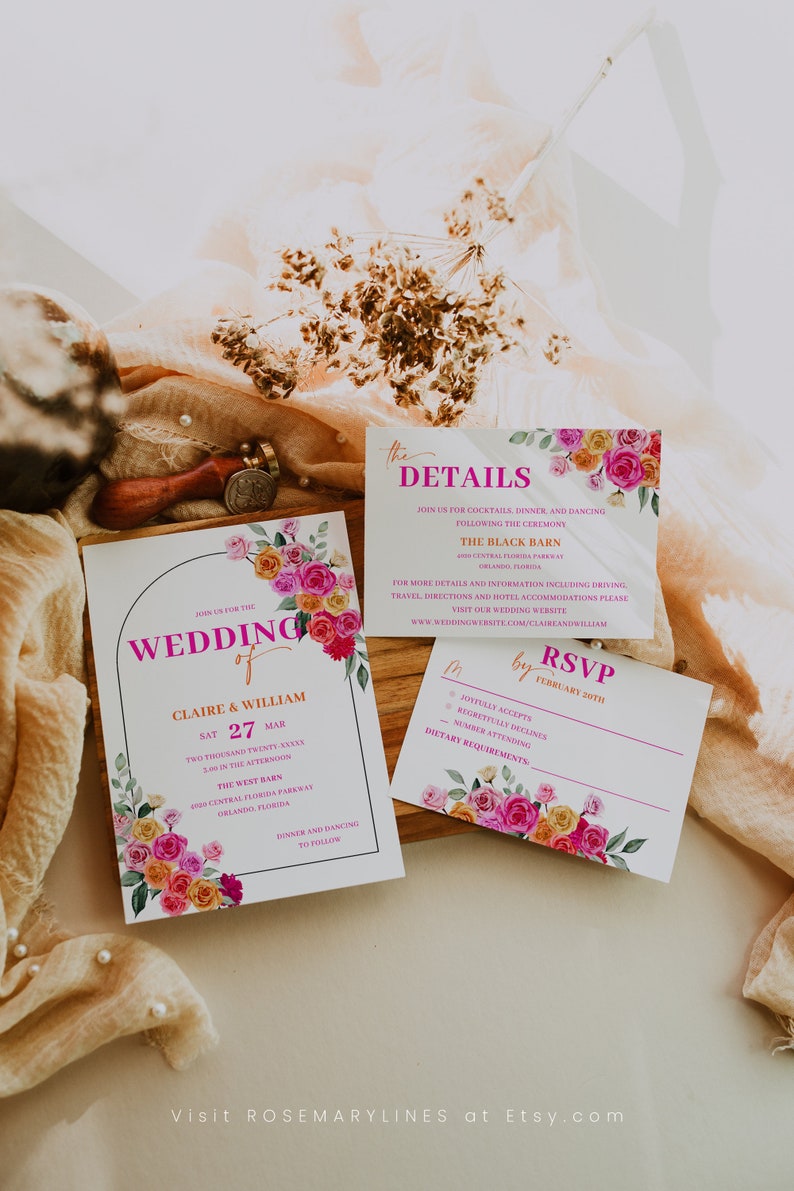 Puede incluir: Invitaci&oacute;n de boda con dise&ntilde;o floral. La invitaci&oacute;n es para Claire y William, y la boda es el s&aacute;bado 27 de marzo a las 3:00 PM en The West Barn, 4928 Central Florida Parkway, Orlando, Florida. La tarjeta RSVP tambi&eacute;n est&aacute; incluida con un dise&ntilde;o floral.