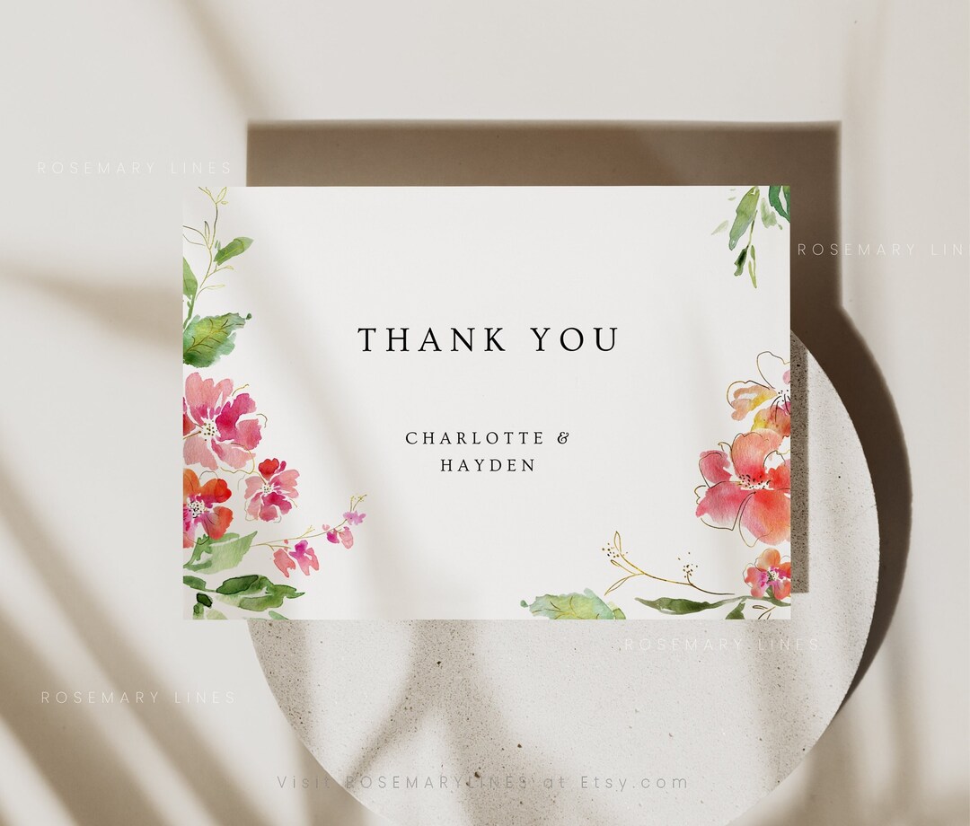 Floral Thank You Card Template, Pink Floral Wedding Thank You Cards ...