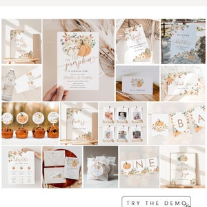 May include: A printable set of fall-themed birthday party decorations featuring a pumpkin and floral design. The set includes invitations, thank you cards, welcome signs, favor tags, cupcake toppers, a banner, and a custom sign. The colors are orange, brown, and white.