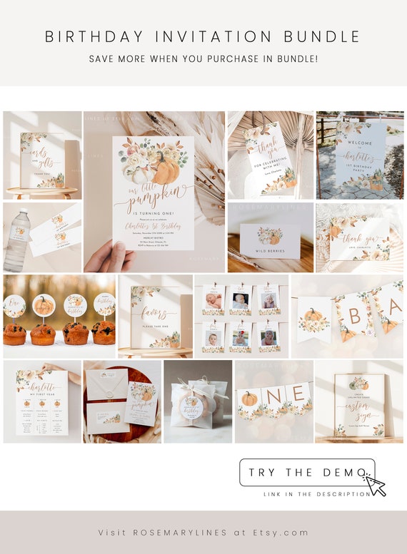 Pumpkin birthday invitation bundle template, fall birthday invite set, autumn leaves floral rustic boho 1st first birthday party pack #120