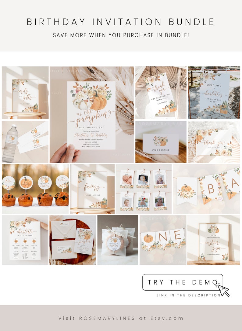 May include: A printable set of fall-themed birthday party decorations featuring a pumpkin and floral design. The set includes invitations, thank you cards, welcome signs, favor tags, cupcake toppers, a banner, and a custom sign. The colors are orange, brown, and white.