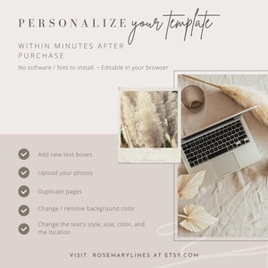 K&ouml;nnte beinhalten: Ein Laptop, ein Glas und getrocknete Pflanzen sind auf einer beigen Oberfl&auml;che angeordnet. Der Text lautet &bdquo;PERSONALIZE your template&ldquo; und listet Funktionen wie das Hinzuf&uuml;gen von Textfeldern und das &Auml;ndern von Farben auf. Die Website ROSEMARYLINES at ETSY.COM ist ebenfalls sichtbar.