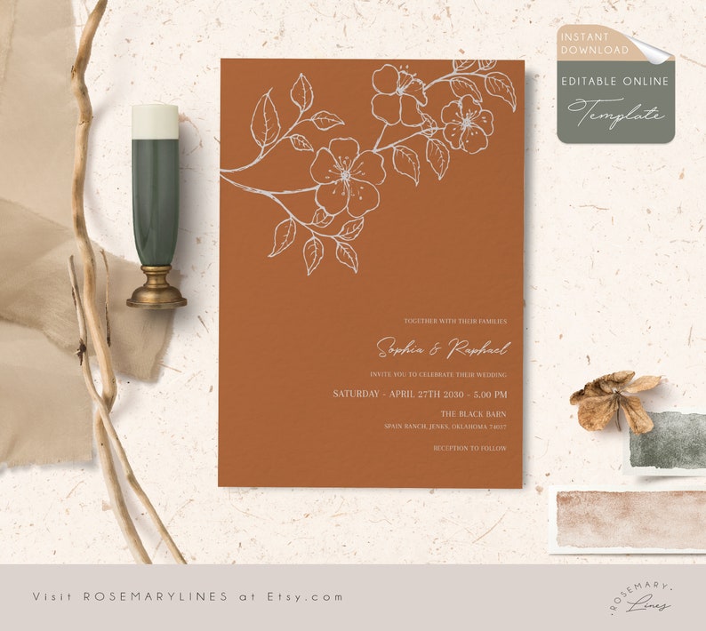 Burnt orange wedding invitation template boho desert wedding | Etsy