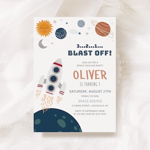 Blast off rocket ship birthday invitation template, space birthday invitations, galaxy solar system sun moon star planets boy birthday #189