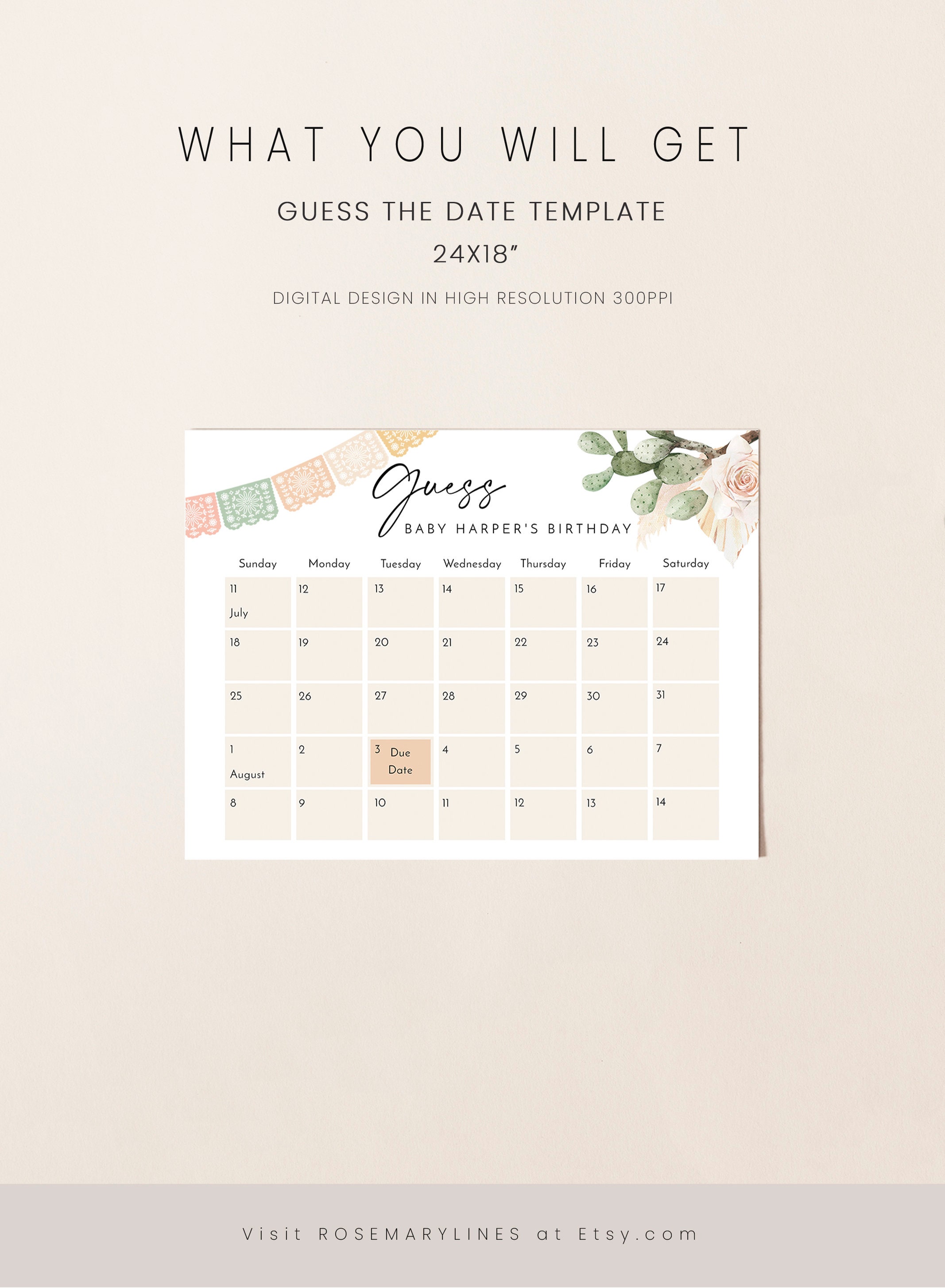 Due Date Template.pdf Fiesta Baby Shower Due Date Calendar Template, Cactus Guess the Due ...