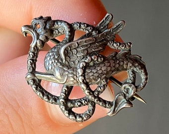 Antique Victorian Sterling Silver Dragon Pin Brooch