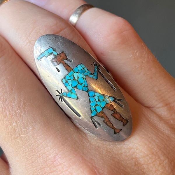 Sz 7 ~ Vintage Native American Zuni Judy Wallace Sterling Silver Turquoise & Coral Yei Chip Inlay Ring