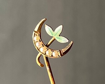 Antique Art Nouveau 14K Gold, Seed Pearl Crescent Moon & Enamel Stick Pin