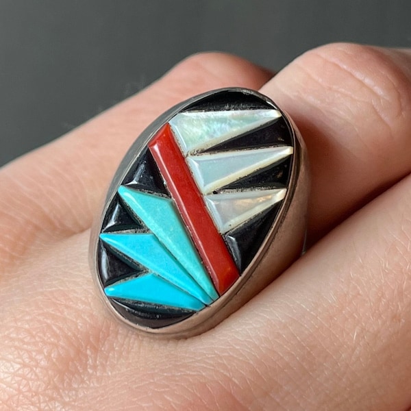 Sz 10.5 ~ Vintage Native American Navajo Sterling Silver Cobblestone Inlaid Turquoise MOP Coral & Black Onyx Ring