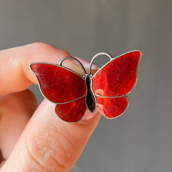 Vintage Mid-Century Denmark Sterling Silver & Red Enamel Butterfly Pin Brooch