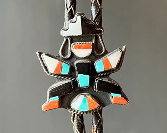 Vintage Native American Zuni Sterling Silver MOP Turquoise Coral Black Onyx Inlay Knifewing Kachina Bolo Tie