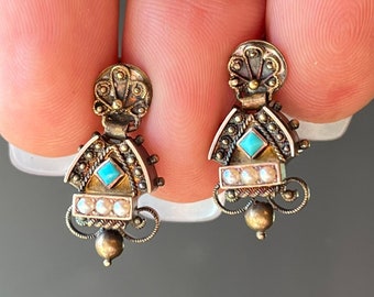 Antique Victorian Gold Turquoise Pearl Screw Back Earrings