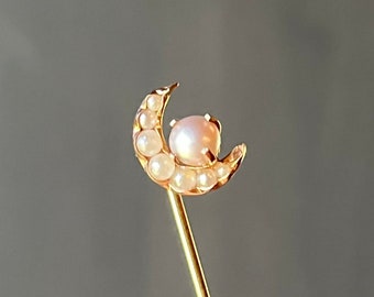 Antique Victorian Solid 8K & 11K Gold Pearl Crescent Moon Stick Pin