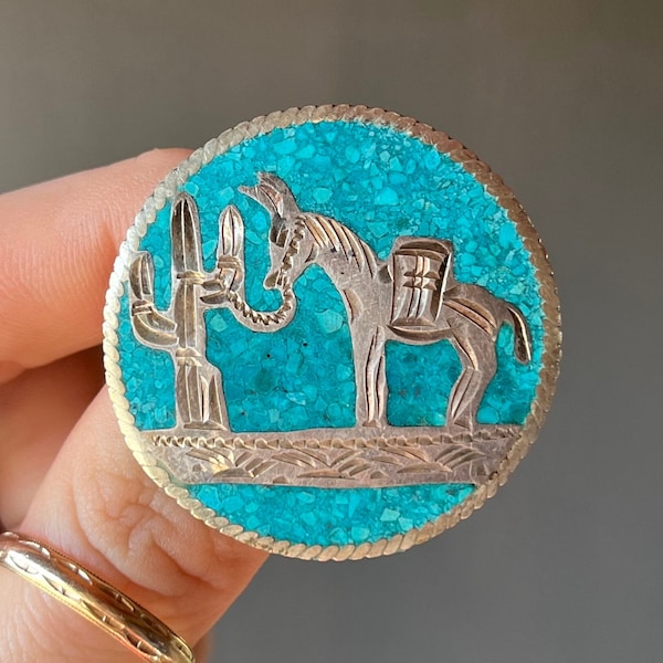 Vintage Mexico Guadalajara Sterling Silver & Turquoise Chip Inlay Mule / Donkey Cactus Circle Pin Brooch