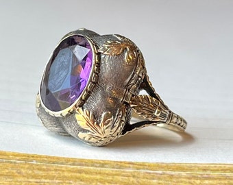 Sz 6 ~antique Victorian Gold & Silver Purple Amethyst Poison Ring