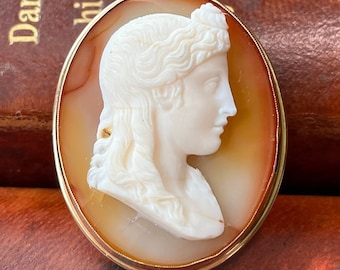 Antique Italian Carved Agate Cameo & 14K Gold Pin Brooch / Pendant
