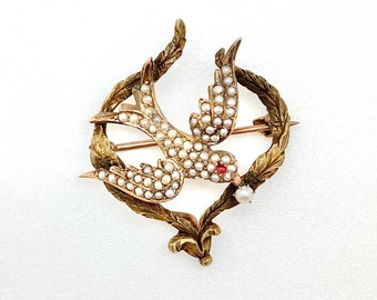 Antique Art Nouveau Solid 11K Gold, Seed Pearls, & Ruby Swallow Bird Watch Chain Pin / Brooch