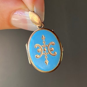 Antique Mid 1800's Victorian Blue Enamel Gold Fill Picture Locket Pendant