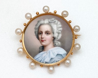 Antique Solid 14k Gold & Pearls Hand Painted Porcelain Portrait Pin Brooch