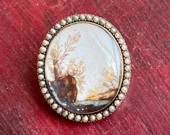 Antique Victorian 14K Gold & Seed Pearl Portrait Landscape Scene Brooch