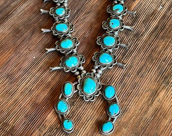 Vintage Native American Navajo Sterling Silver & Turquoise Squash