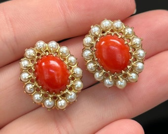 Antique 14K Yellow Gold Mediterranean Coral & Seed Pearl Clip On Earrings