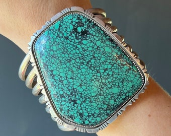 Huge Vintage Native American Navajo Sterling Silver & Green Spider Web Turquoise Cuff Bracelet