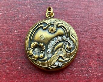 Antique Art Nouveau Gold Filled & Rhinestone Picture Locket Pendant