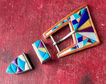 Vintage Native American Sterling Silver Turquoise Coral MOP Lapis Sugilite Cobblestone Inlay Belt Buckle Set