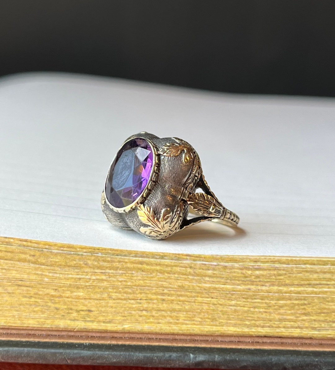 Sz 6 ~antique Victorian Gold & Silver Purple Amethyst Poison Ring