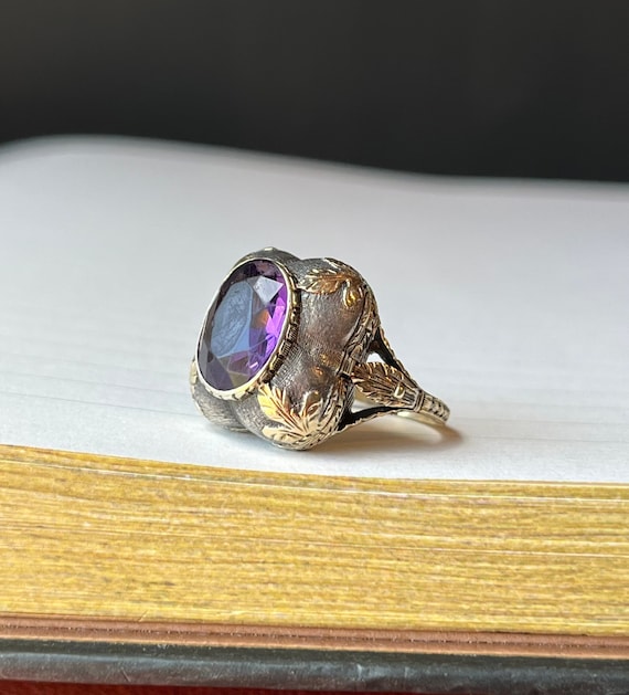 Sz 6 ~antique Victorian Gold & Silver Purple Amethyst Poison Ring