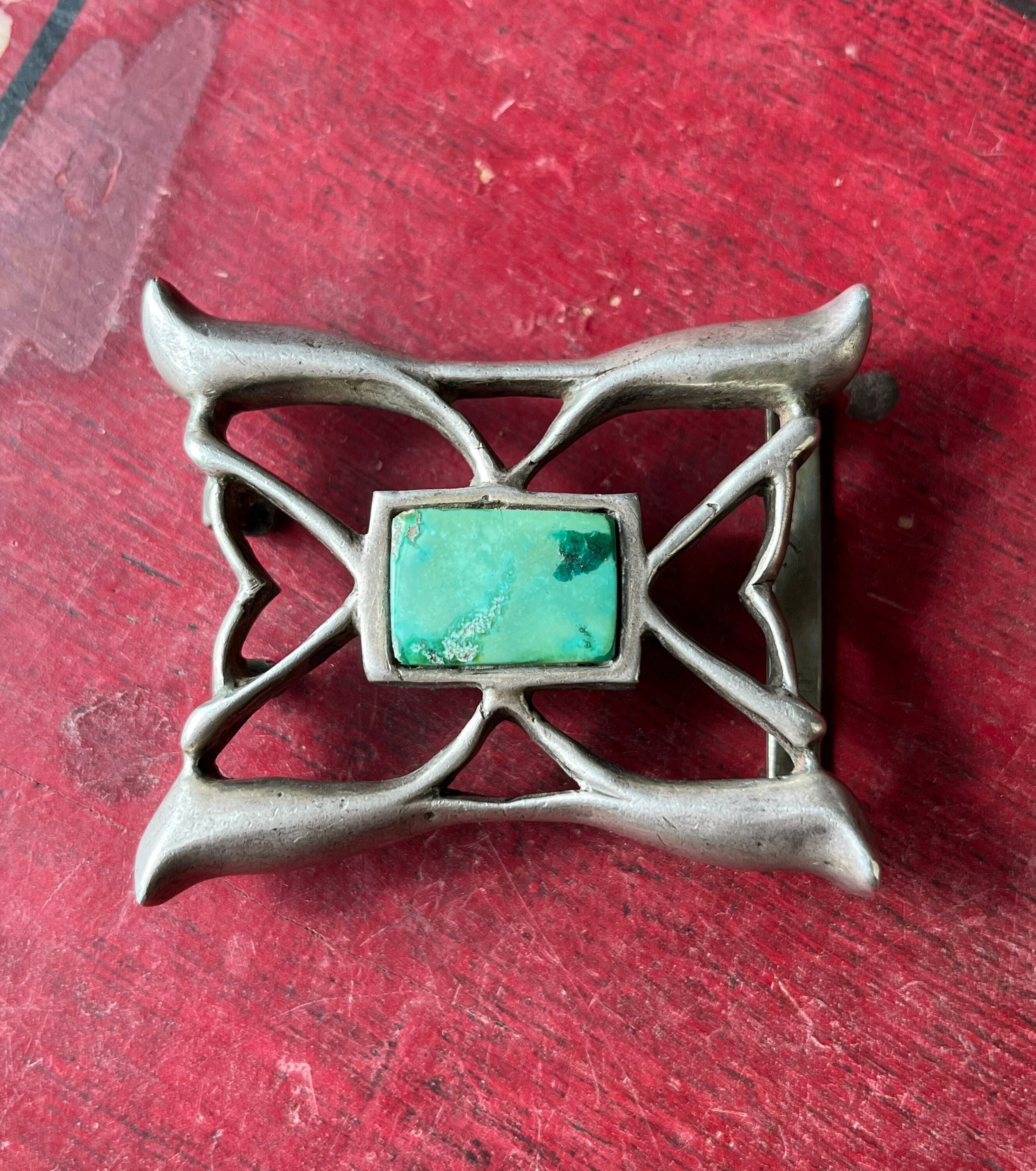 1960s Native American NAVAJO Sterling Silver Belt Buckle Block Turquoise Added Vintage Native American Navajo Mark Chee Sterling Silver  main image 3