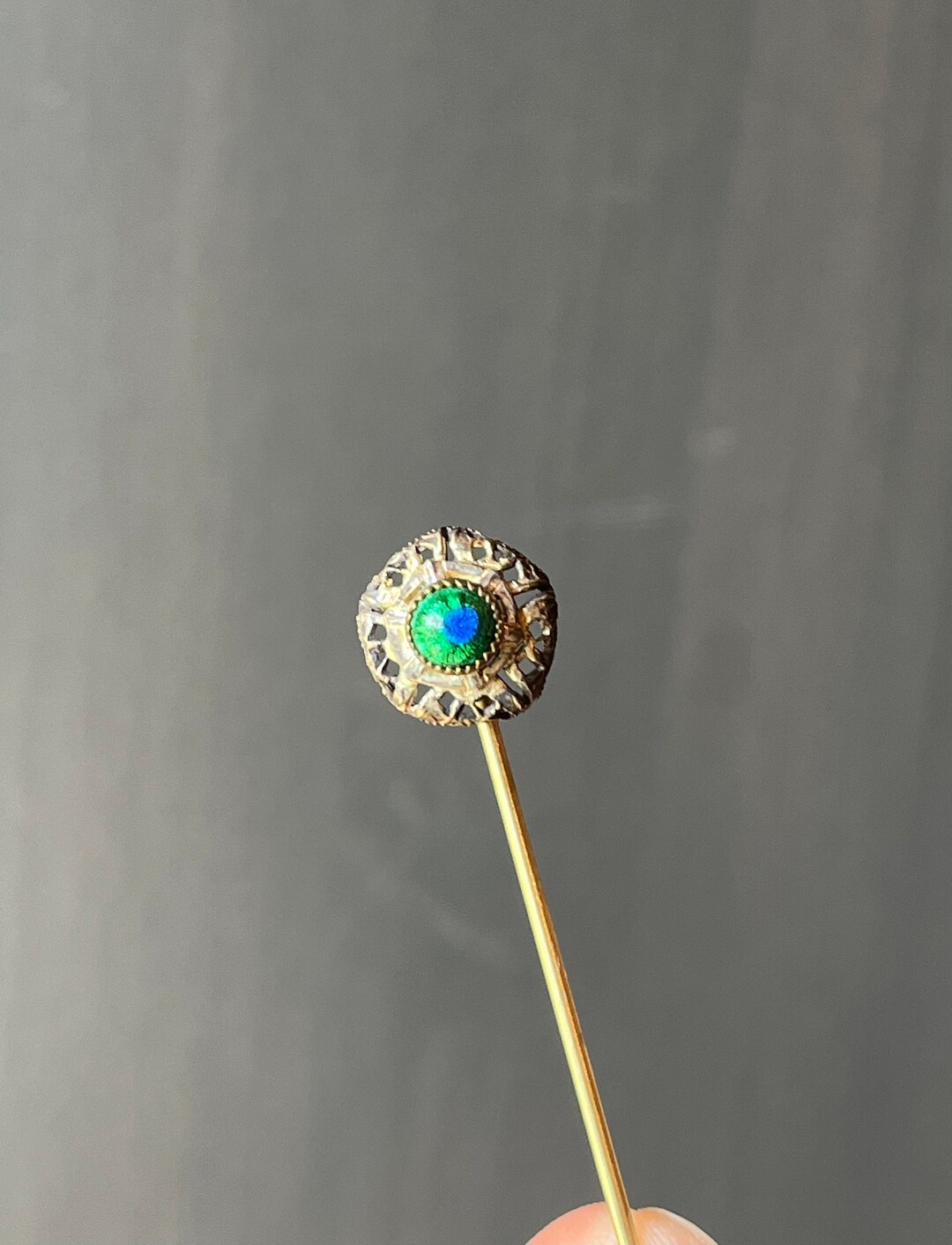 Vintage Gold Filled Peacock Eye Glass Filigree Stick Pin Etsy
