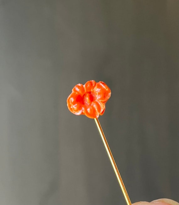 Antique Gold Fill & Carved Coral Pansy Flower Stic