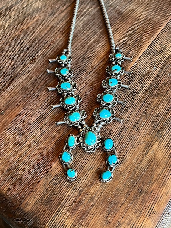 Vintage Native American Navajo Sterling Silver & Turquoise Squash