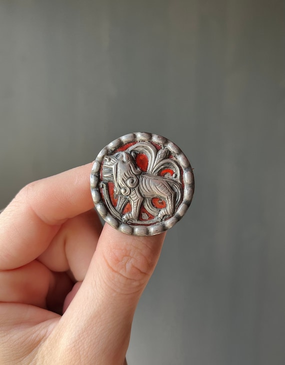 Antique Asian 830 Silver & Red Lion Pin Brooch