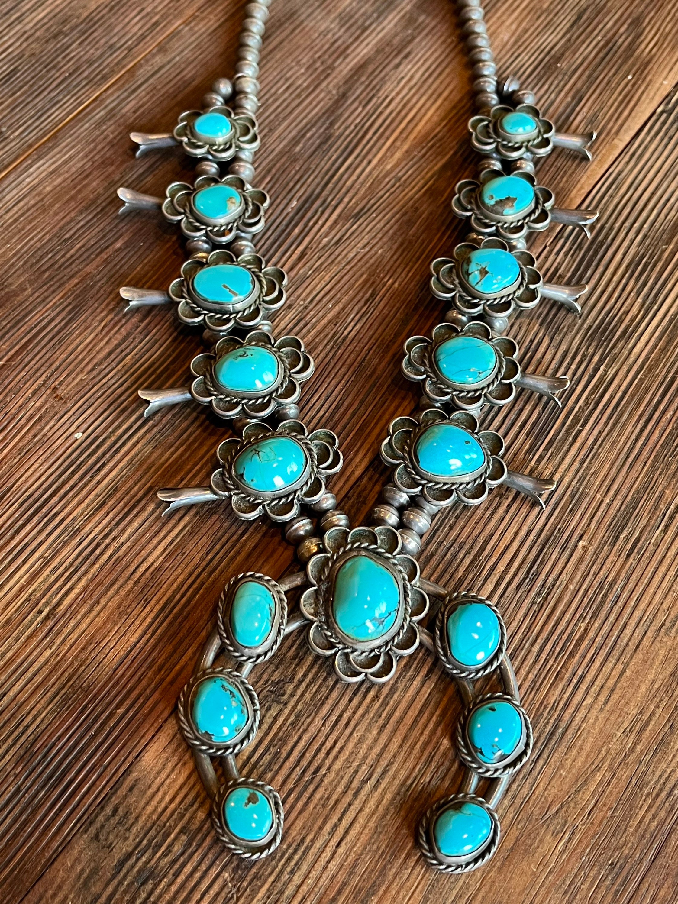 Vintage Native American Navajo Sterling Silver & Turquoise Squash