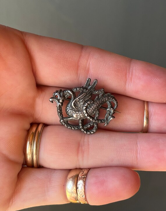 Antique Victorian Sterling Silver Dragon Pin Broo… - image 3