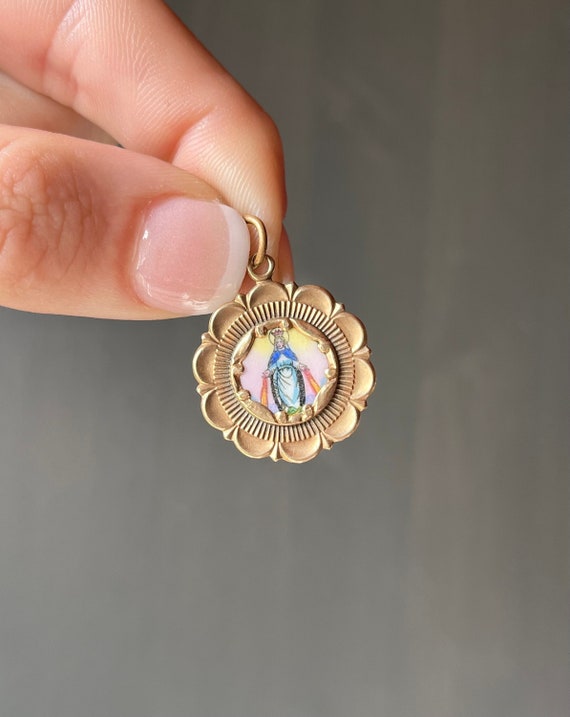 Antique Hand Painted Jesus & Virgin Mary 12K Rose… - image 1