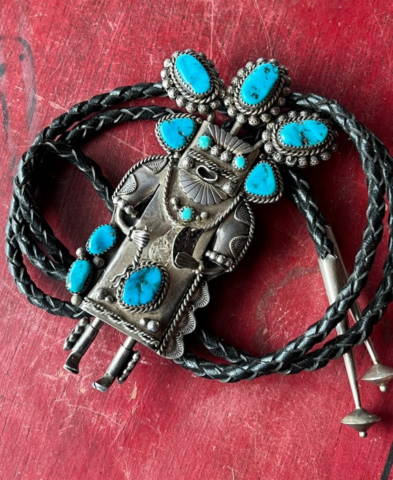 Huge Vintage Native American Navajo Turquoise Sterling Silver Kachina Bolo Tie Huge Vintage Native American Navajo Turquoise Sterling Silver Kachina Bolo Tie