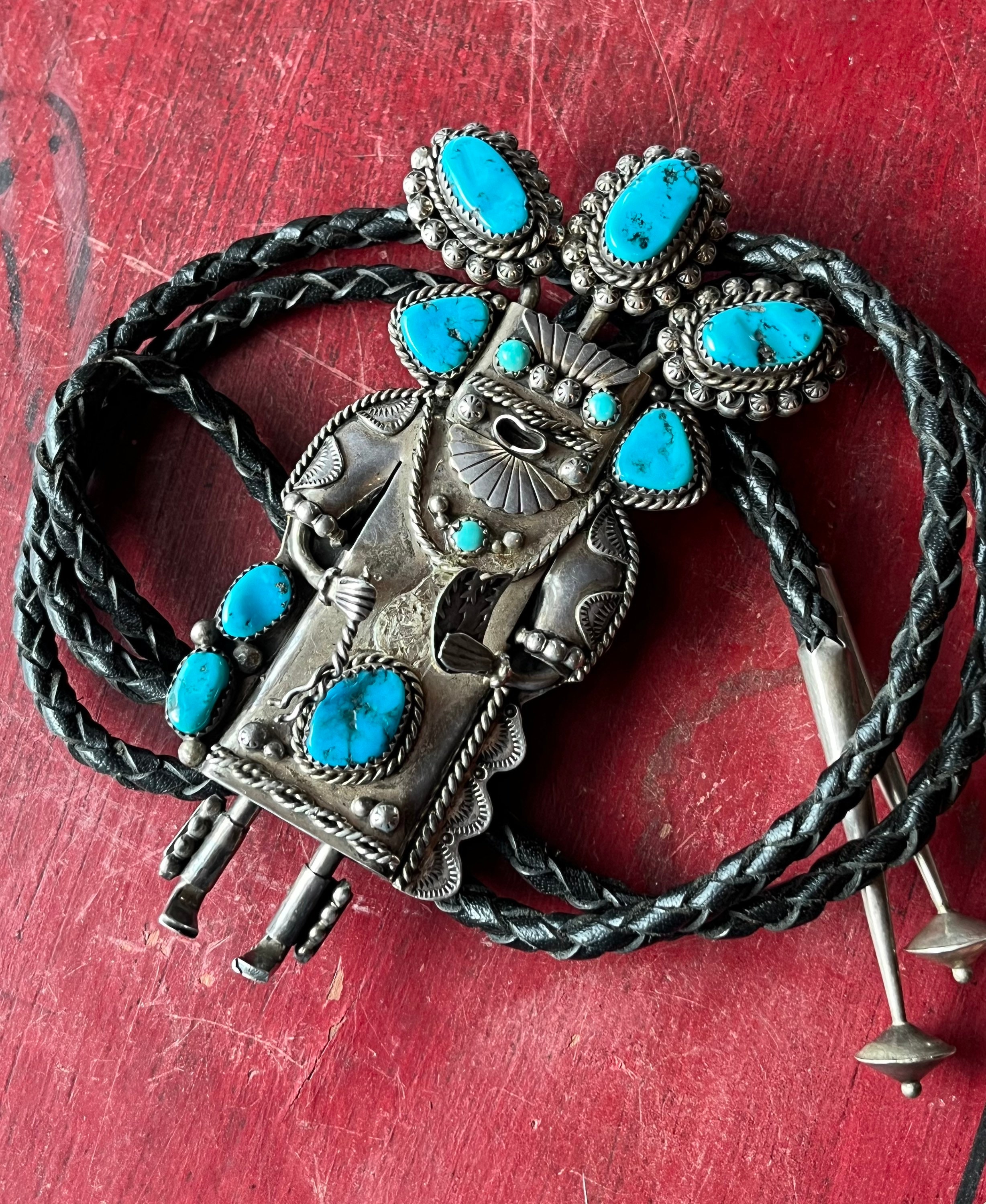 Vintage Native American Navajo Sterling Silver & Turquoise Kachina Bolo ...