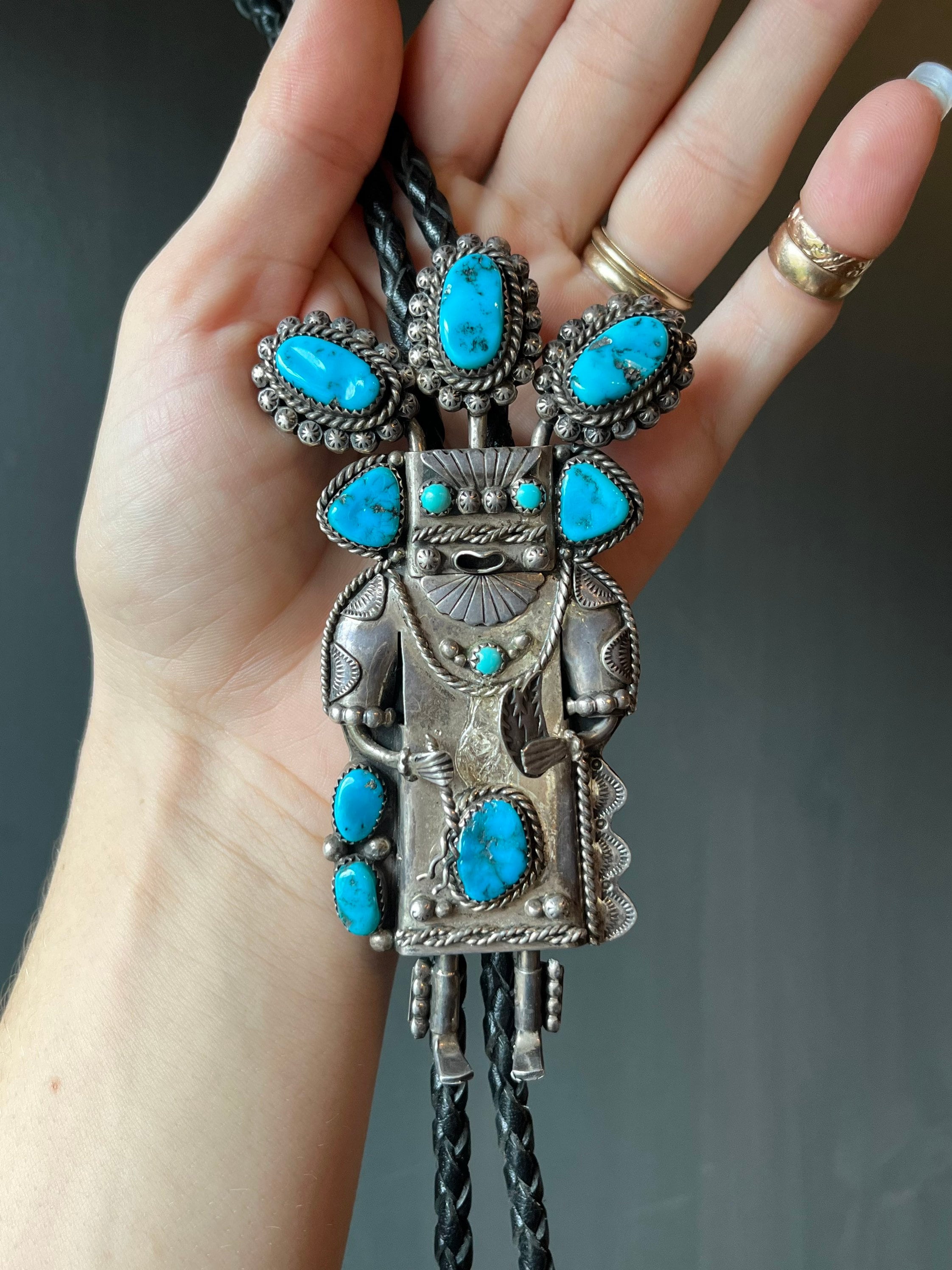 Vintage Native American Navajo Sterling Silver & Turquoise Kachina Bolo ...