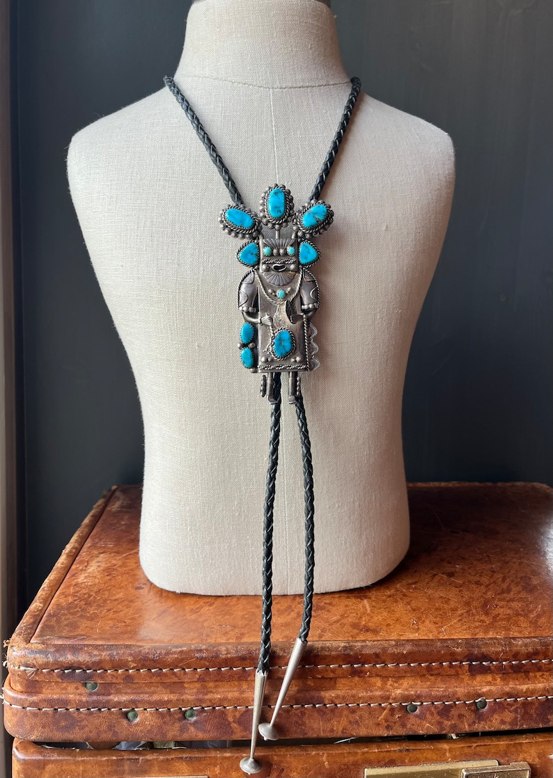 Vintage Native American Navajo Sterling Silver & Turquoise Kachina Bolo ...