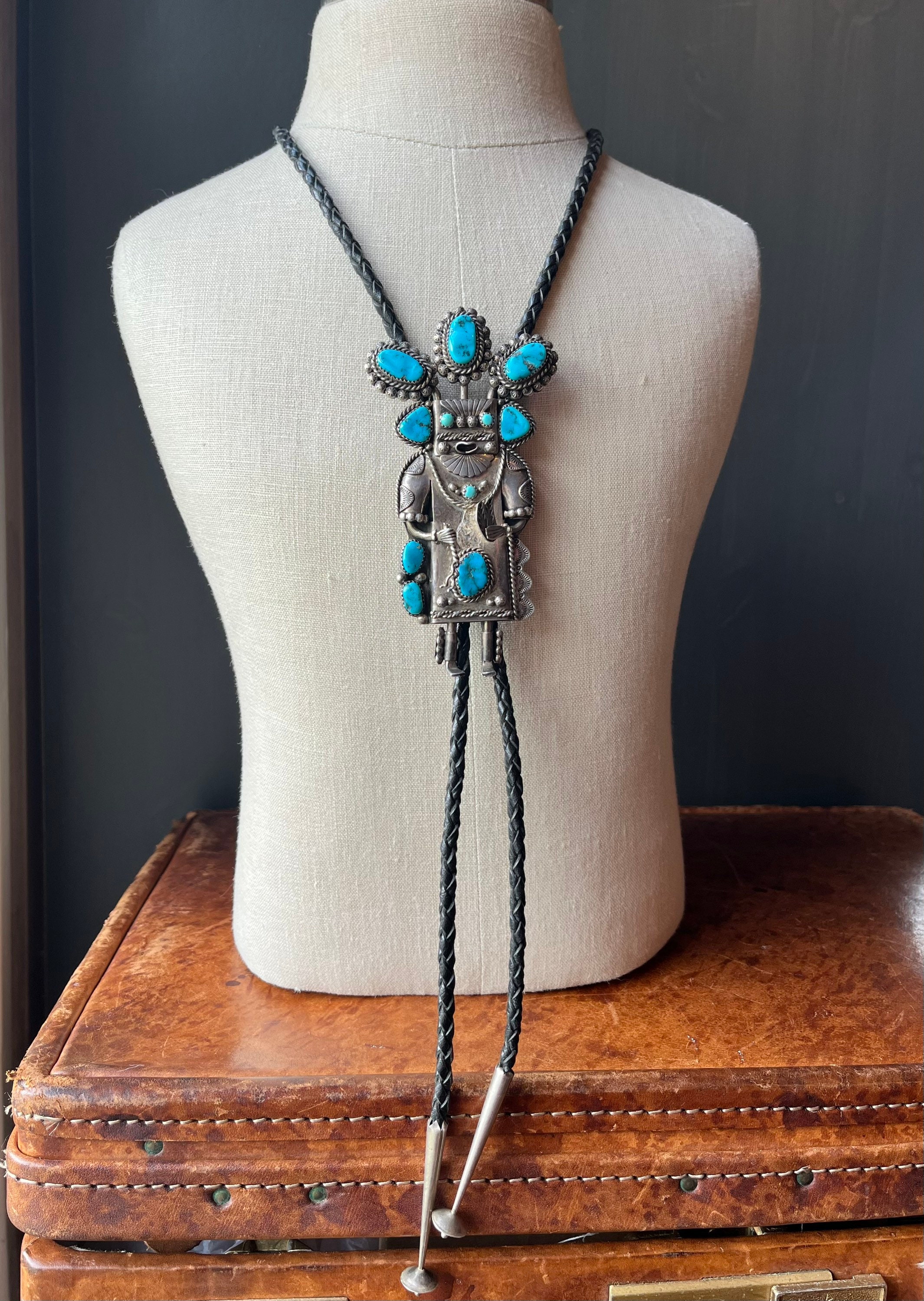 Vintage Native American Navajo Sterling Silver & Turquoise Kachina Bolo ...