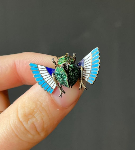 Antique Egyptian Revival 800 Silver Enamel Winged… - image 1