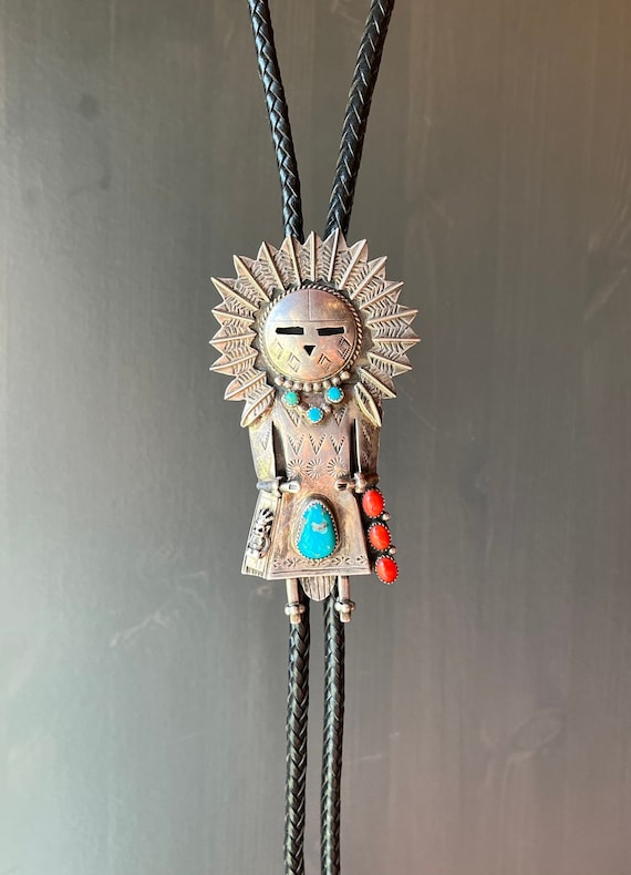 Turquoise Coral Mudhead Vintage Native American Navajo Sterling Silver Bolo Tie Old Turquoise Coral Mudhead Vintage Native American Navajo Sterling Silver Bolo Tie Old