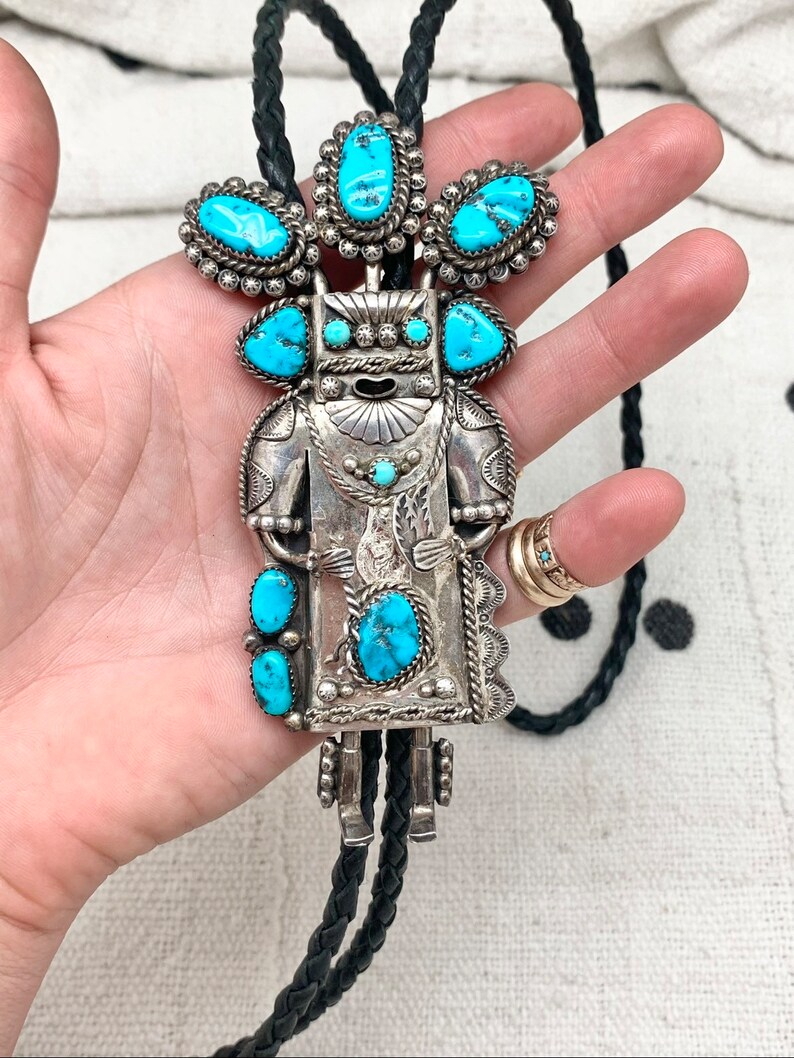 Vintage Native American Navajo Sterling Silver & Turquoise Kachina Bolo ...