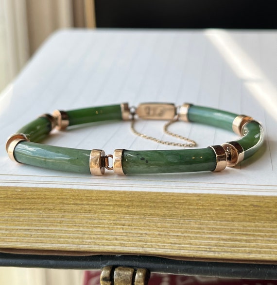 Vintage 14K Gold & Green Jade Link Bracelet - image 5