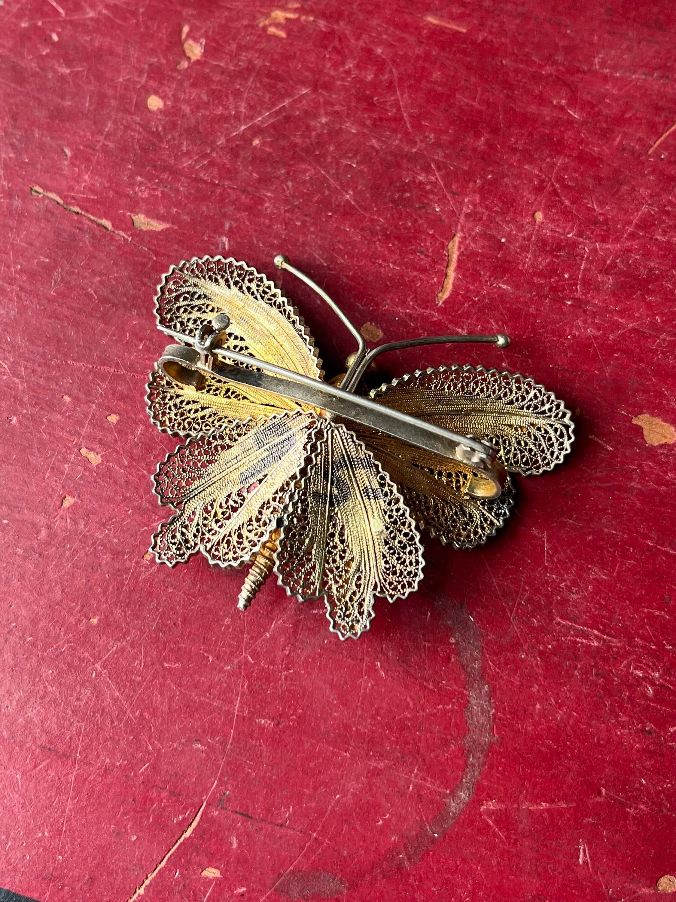 Broche Vintage Papillon En Argent 800 (5.5g) - Émail Filigrane Multicolore - Bijou Artisanal